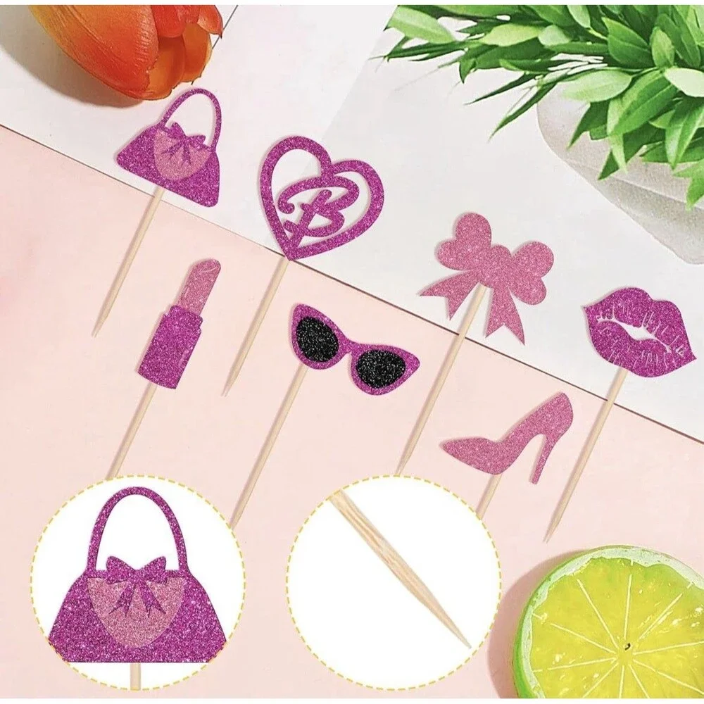 24 Piece Pink Sparkling Lipstick Barbie High Heel Handbag Party Cupcake Toppers